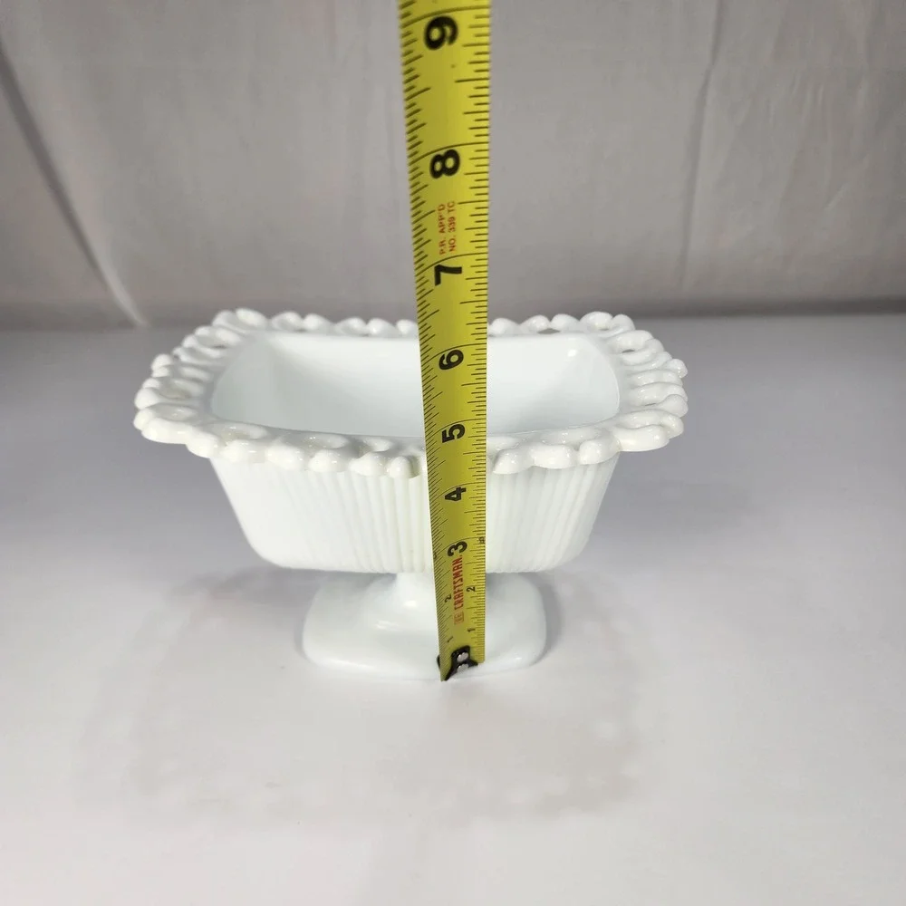Vintage White Milk Glass Pedestal Bowl Open Lace Edge Ribbed Candy Dish Planter